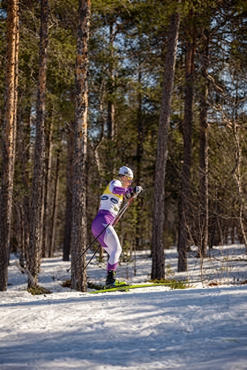 Hiihtäjä kevätäisellä metsäladulla.