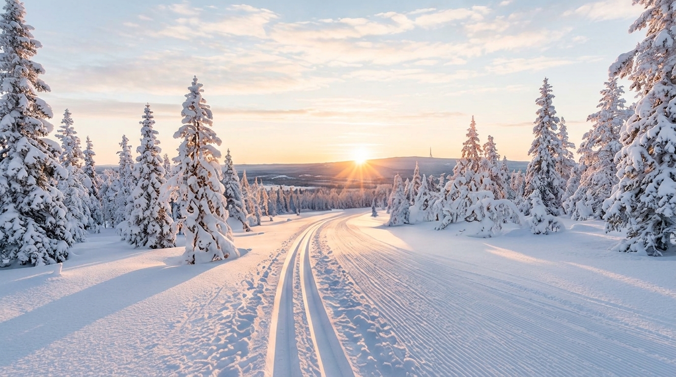 Aurinko laskee hiihtoladun päähän tunturimaisemassa.